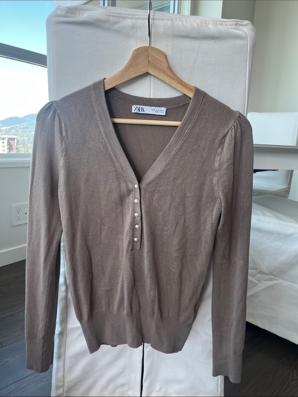 Zara Taupe V-Neck Henley Pullover with Pearl Buttons